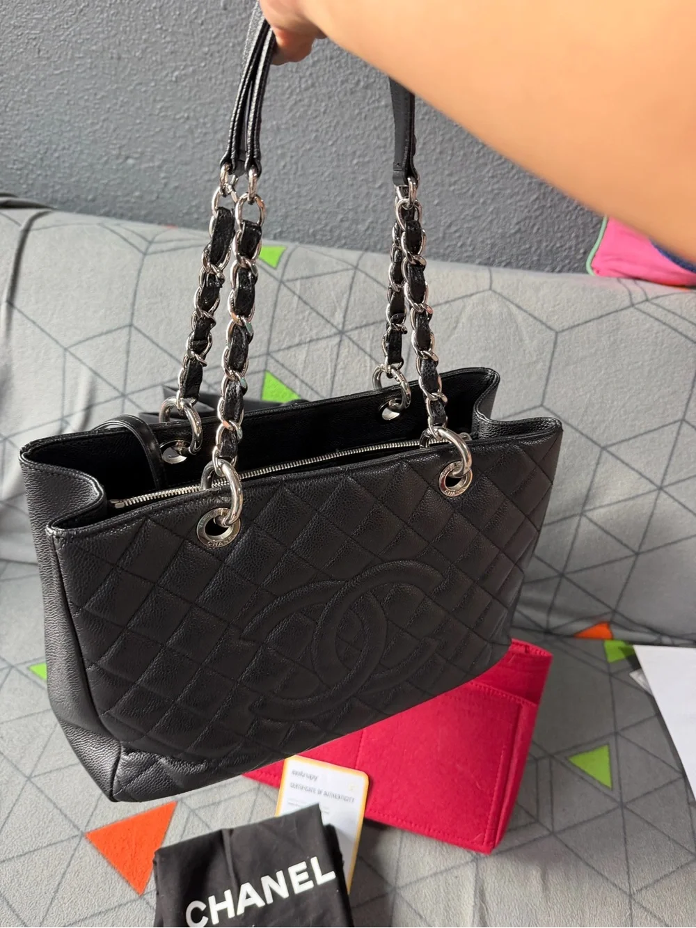 CHANEL Black Quilted Caviar Leather Shoulder Bag with Silver Chain Straps/ GST